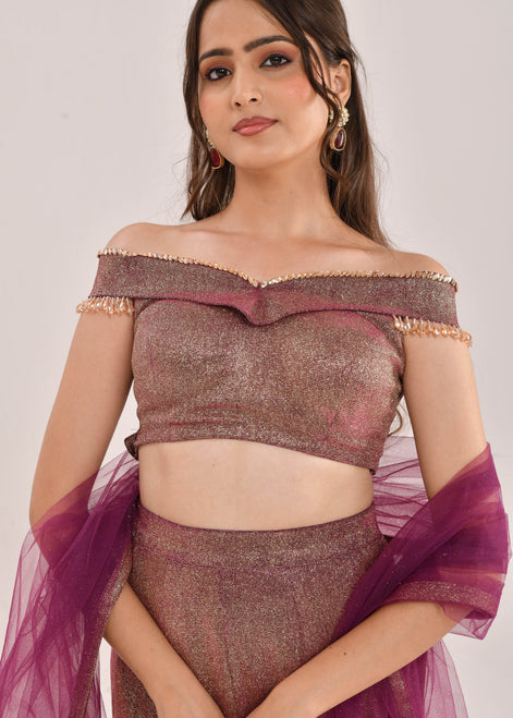 Wine Hand-Embroidered Metallic Lurex Lycra Fishcut Lehenga