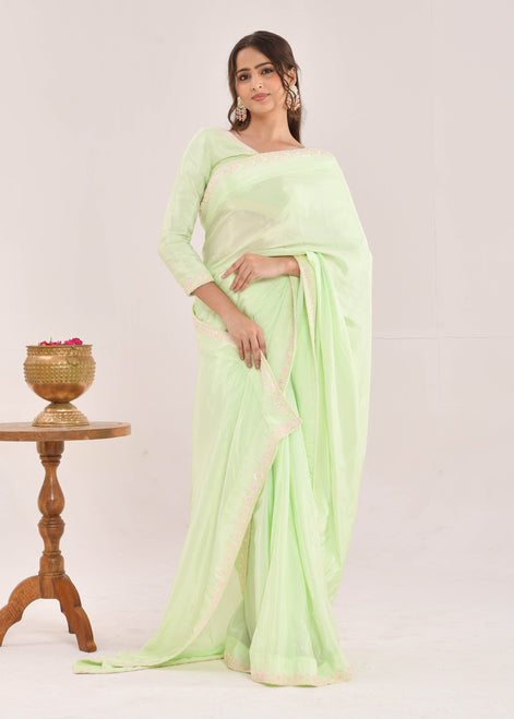 Mint Green Hand-Embroidered Georgette Saree