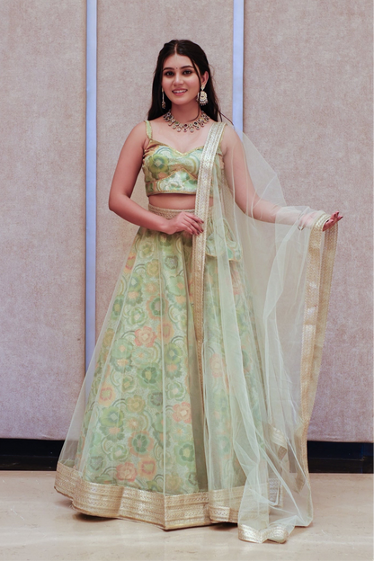 Mint Green Multicolor Floral Embroidered Net Lehenga