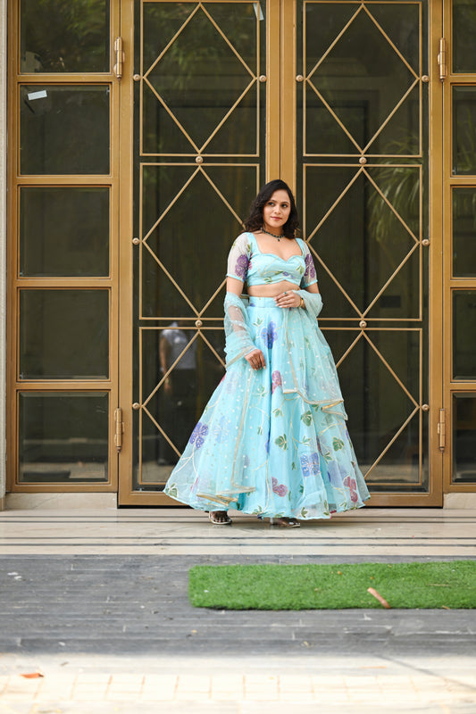 Light Blue Multicolor Floral Embroidered Organza Lehenga