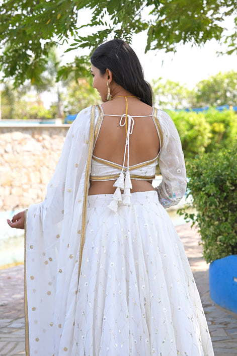 White Multicolor Floral Embroidered Georgette Lehenga