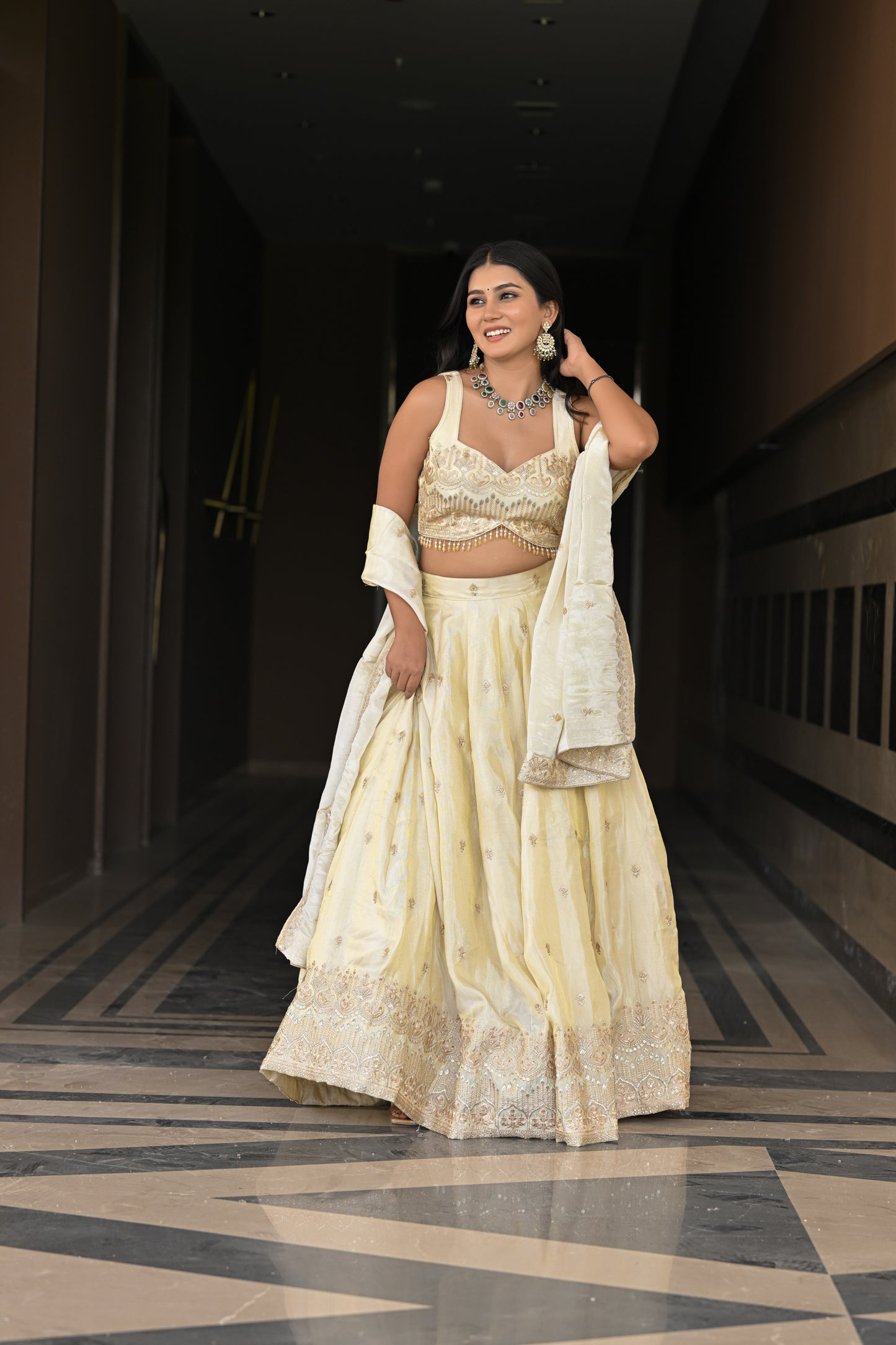 Off-White and Beige Embroidered Silk Lehenga