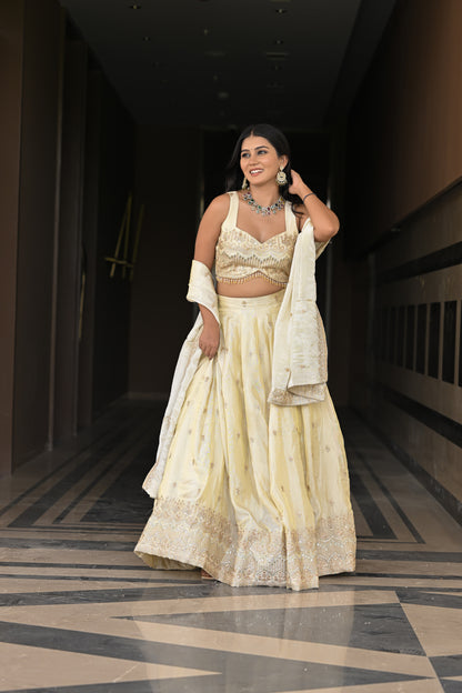 Off-White and Beige Embroidered Silk Lehenga
