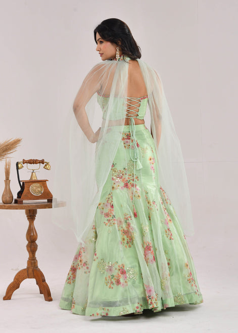 Mint Green Floral Hand-Embroidered Glass Tissue Fishcut Lehenga