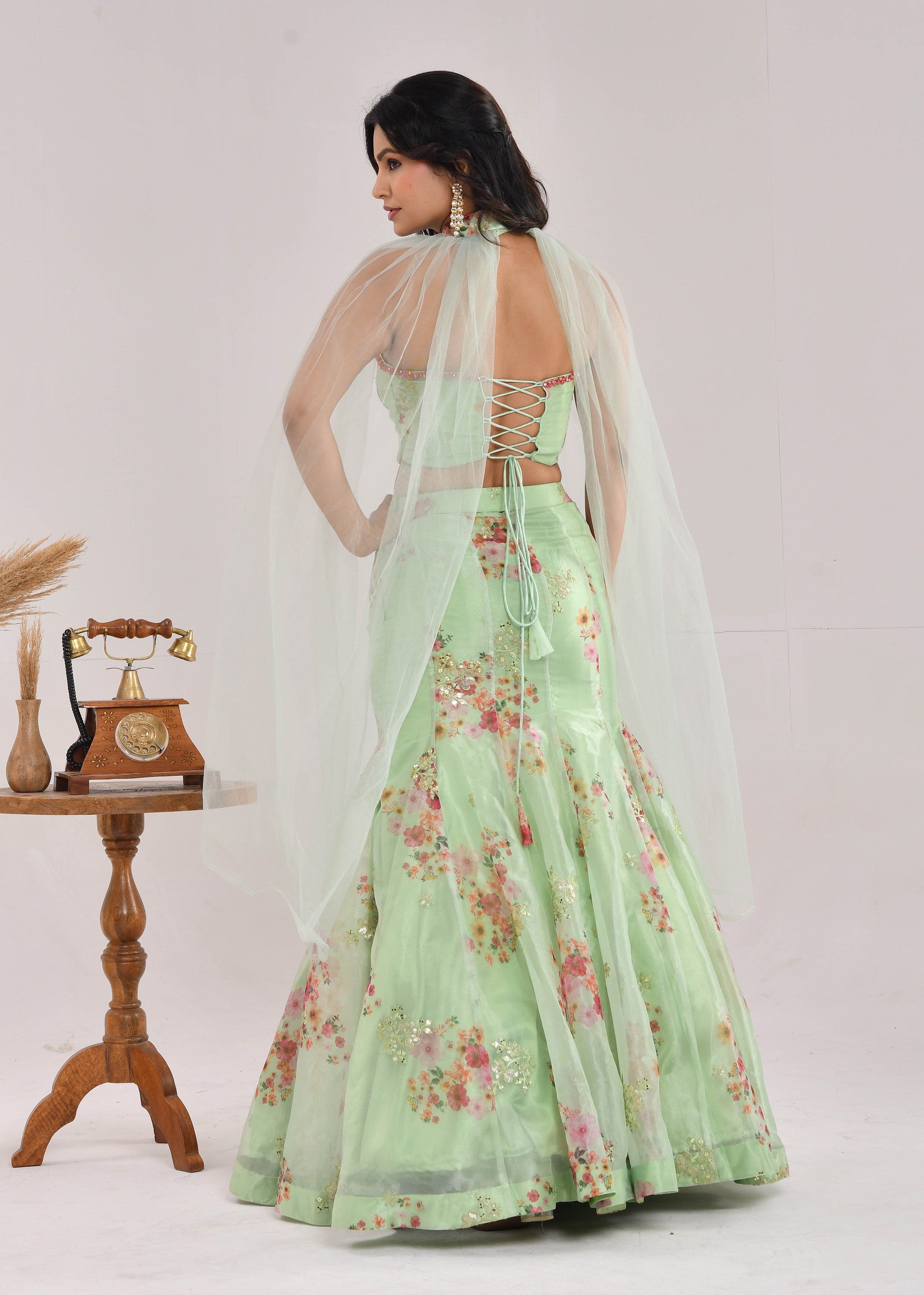 Mint Green Floral Hand-Embroidered Glass Tissue Fishcut Lehenga