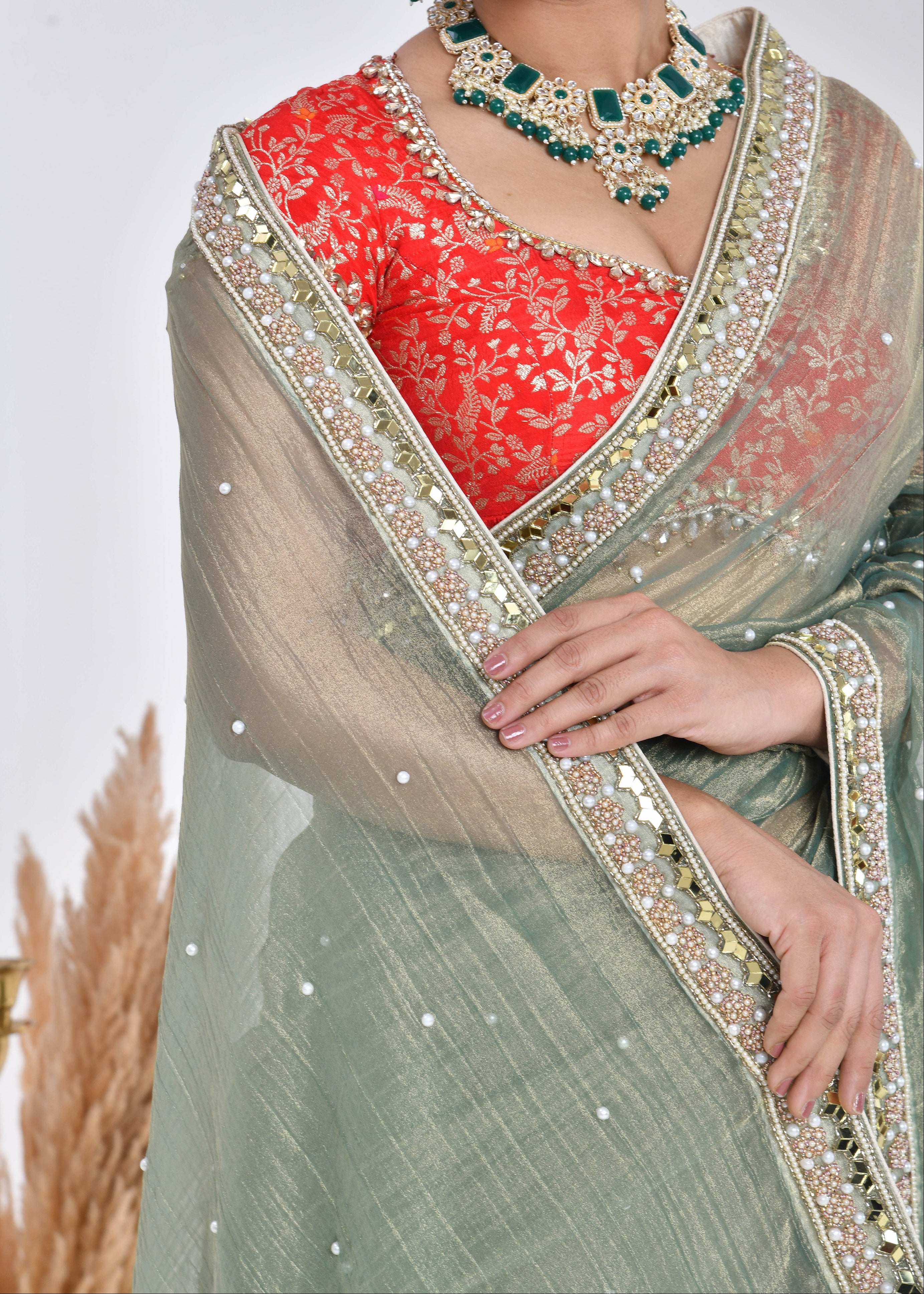 Sage Green Hand-Embroidered Tissue Saree