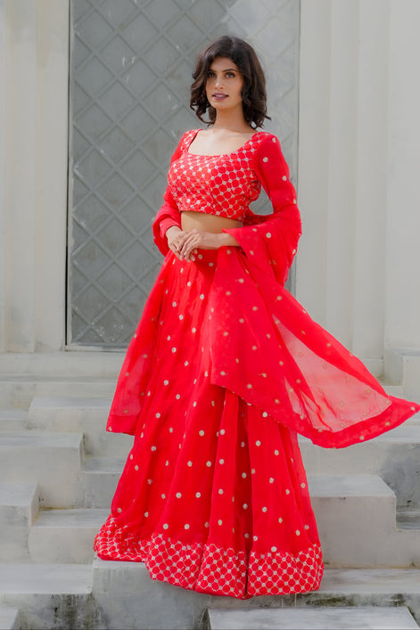 Scarlet Red Embroidered Georgette Lehenga