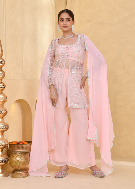 Light Pink Hand-Embroidered Georgette Sharara Suit