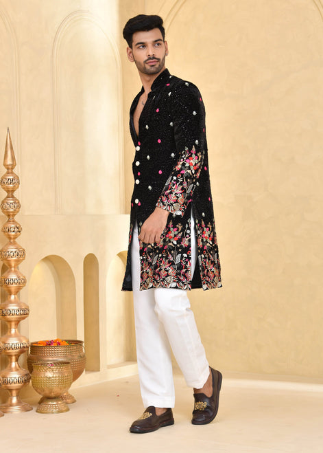 Black Embroidered Velvet Indo-Western Suit