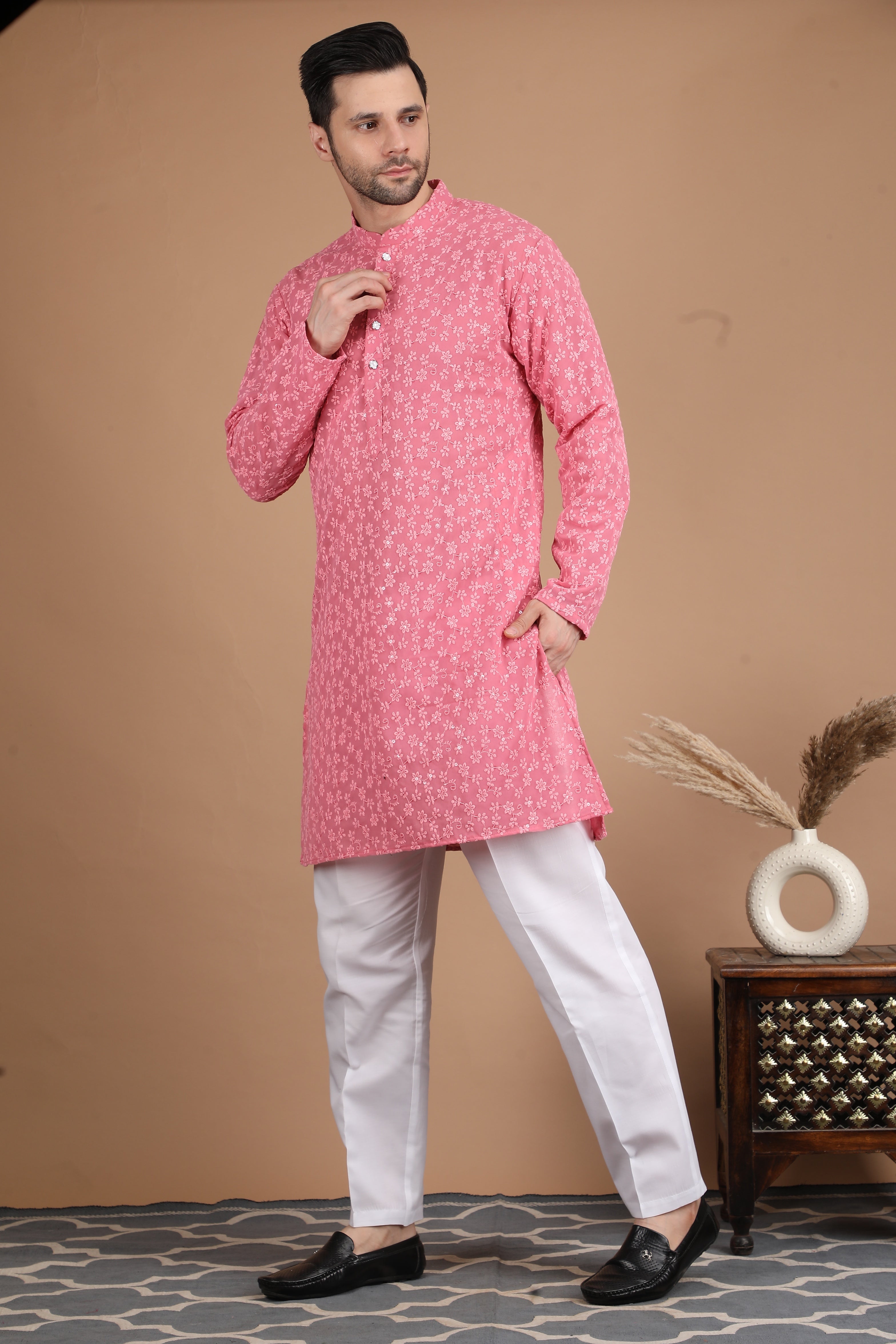 Pink Embroidered Georgette Kurta Set