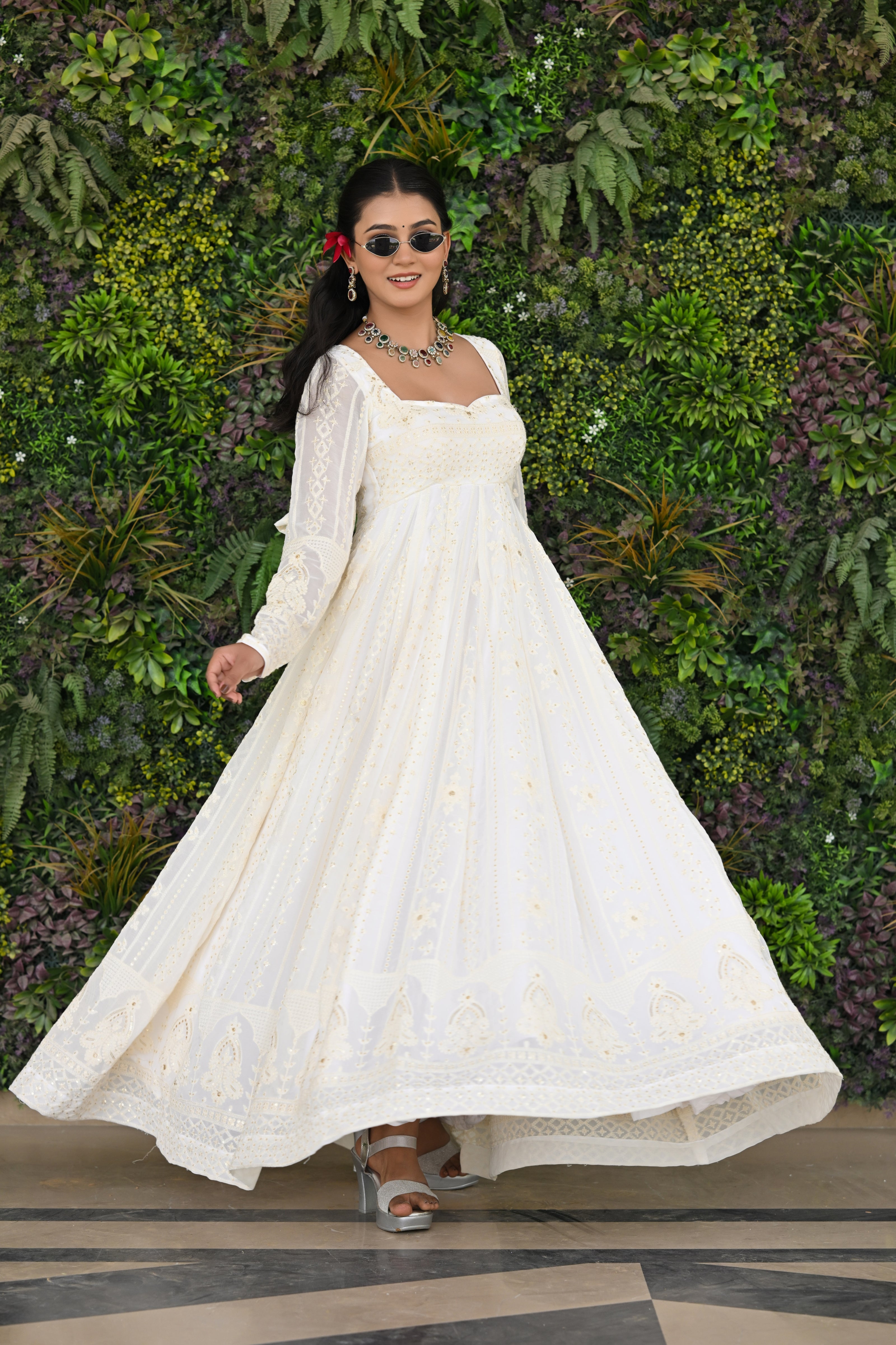 White and Beige Thread Embroidered Georgette Anarkali