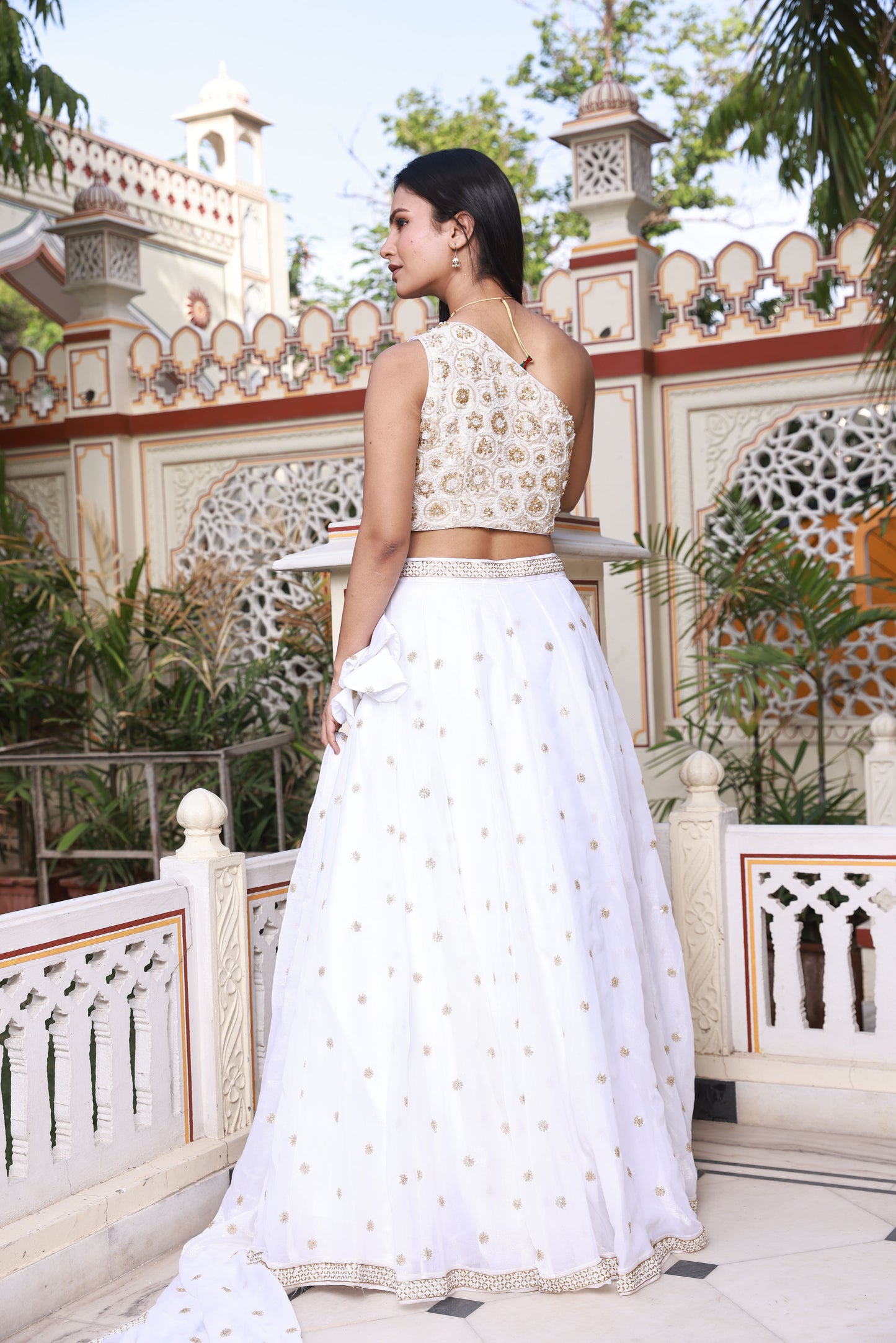 White Hand-Work One Shoulder Style Georgette Lehenga