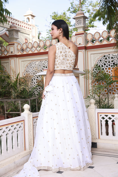 White Hand-Work One Shoulder Style Georgette Lehenga