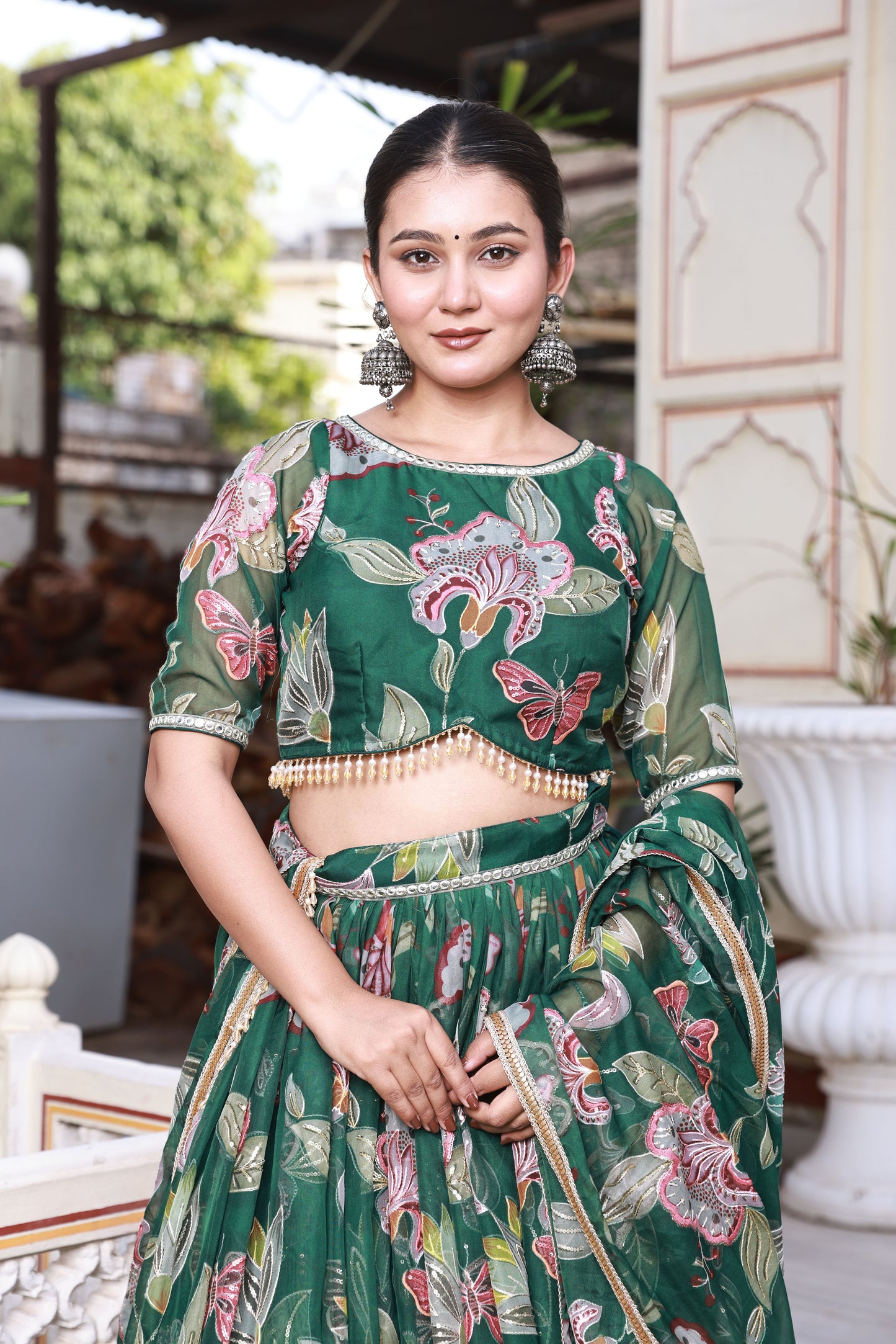 Emerald Green Floral Print Embroidered Organza Lehenga
