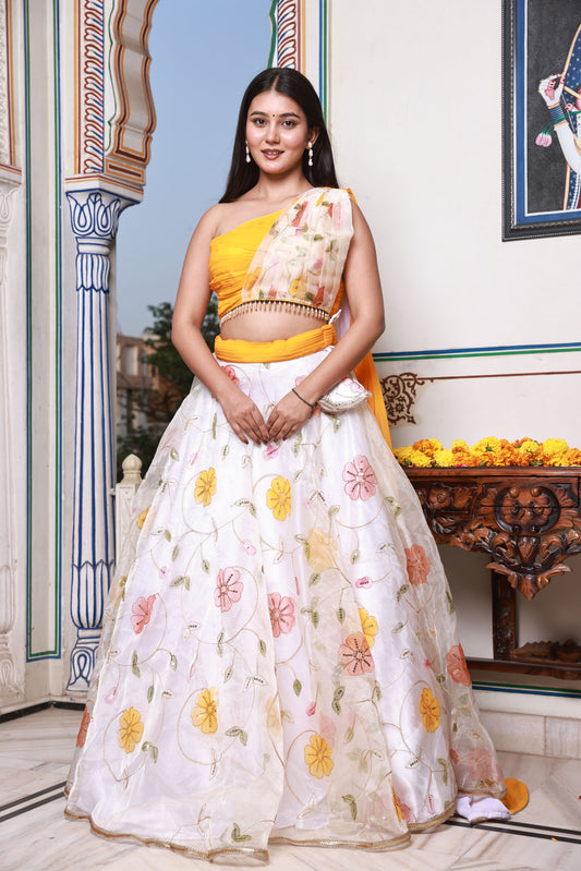 Yellow and White Multicolor Floral Organza Lehenga