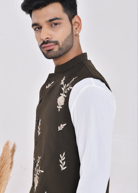 Dark Green Embroidered Raw Silk Nehru Jacket Set