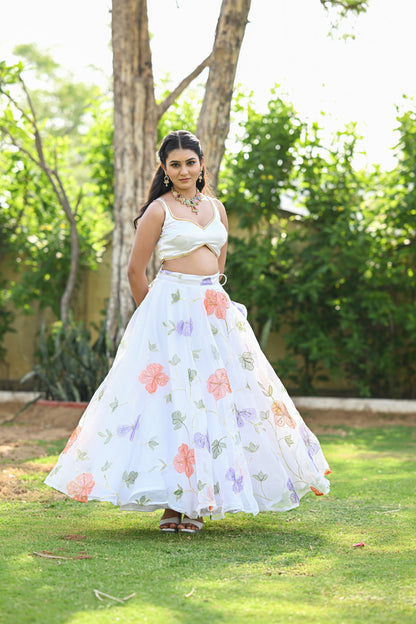 White Multicolor Floral Embroidered Organza Lehenga