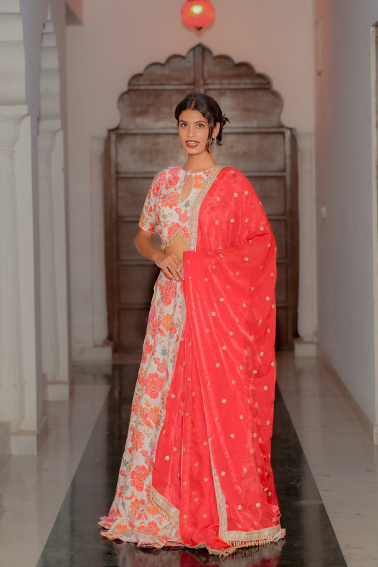 White Multicolor Floral Embroidered Silk Lehenga