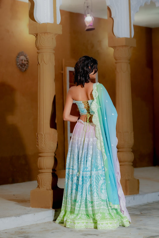 Multicolor Thread Embroidered Georgette Lehenga