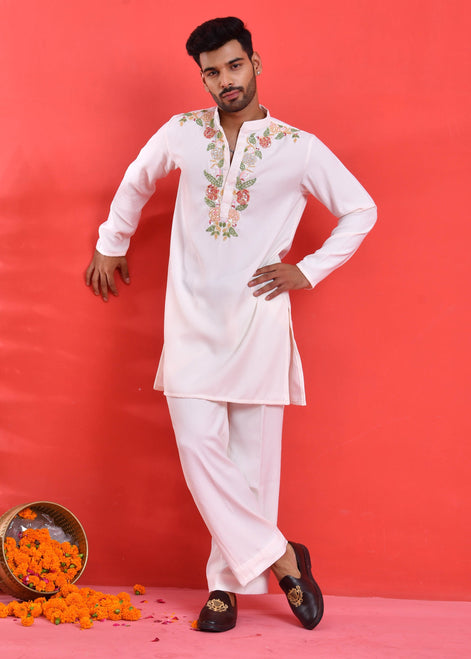 White Floral Hand-Embroidered Japanese Satin Kurta Set
