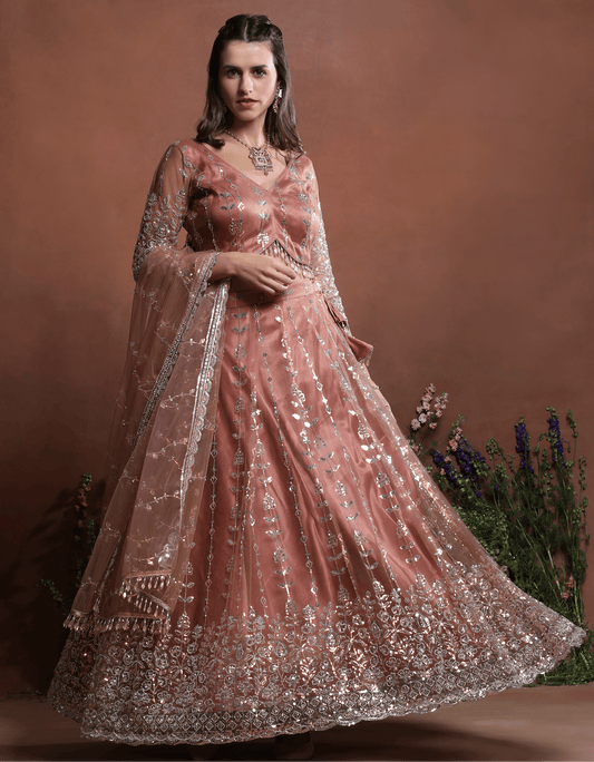 Dusty Rose Sparkle Embroidered Net Lehenga
