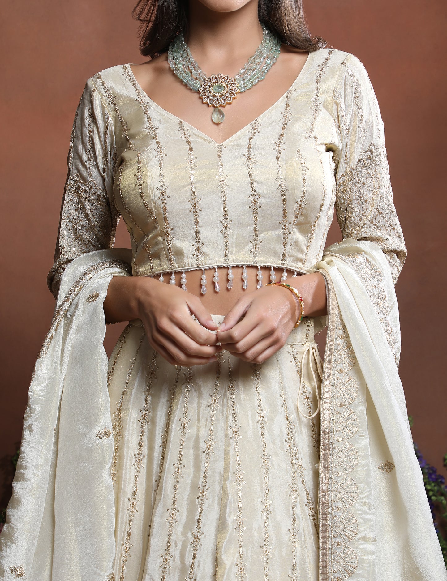 Off-White Embroidered Silk Lehenga