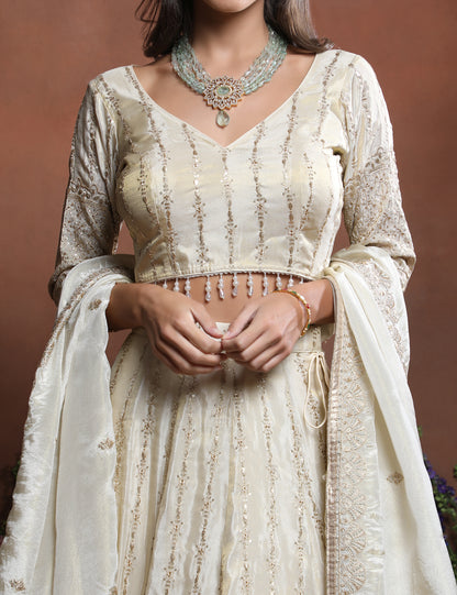 Off-White Embroidered Silk Lehenga