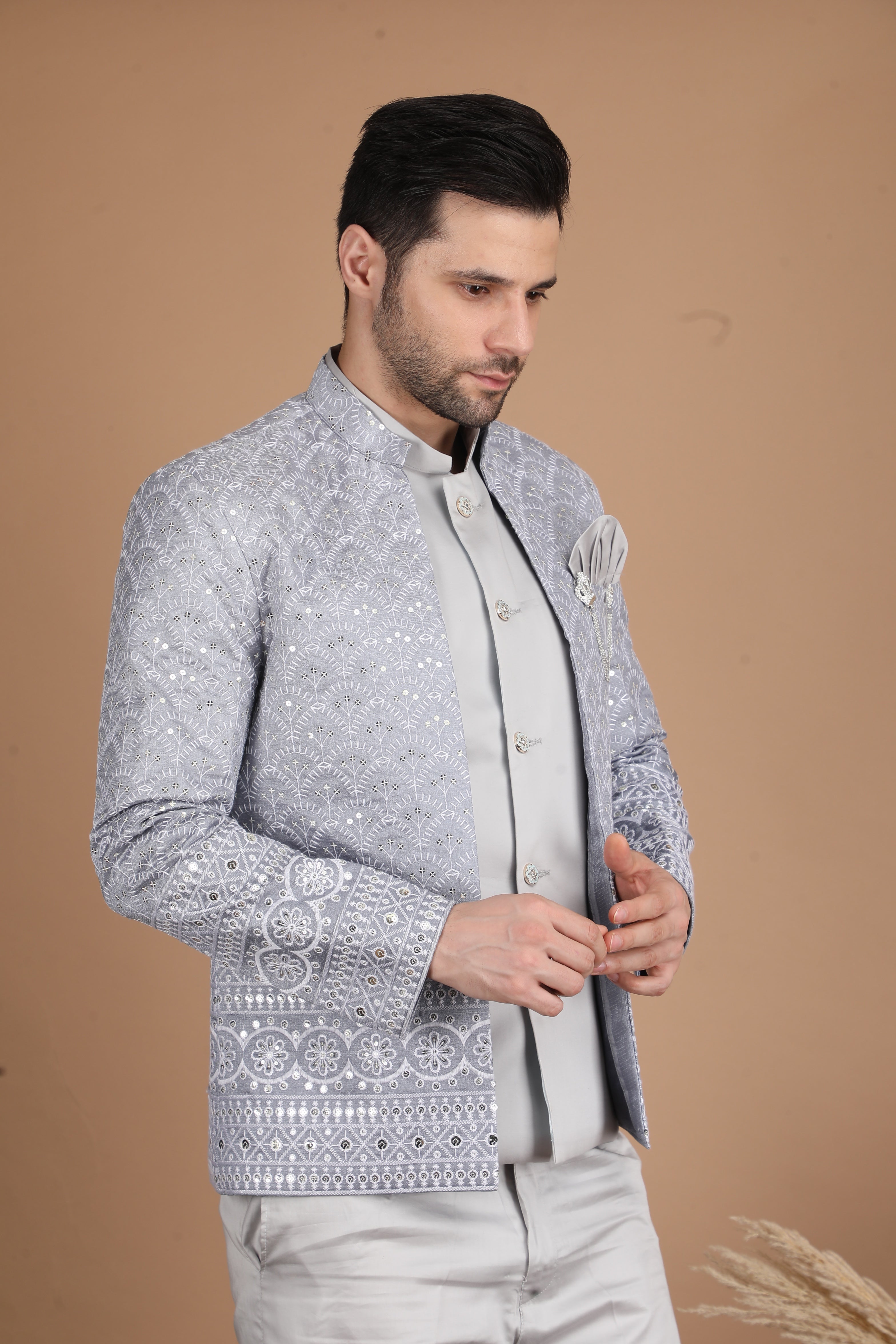 Grey Silk Indo-Western Suit