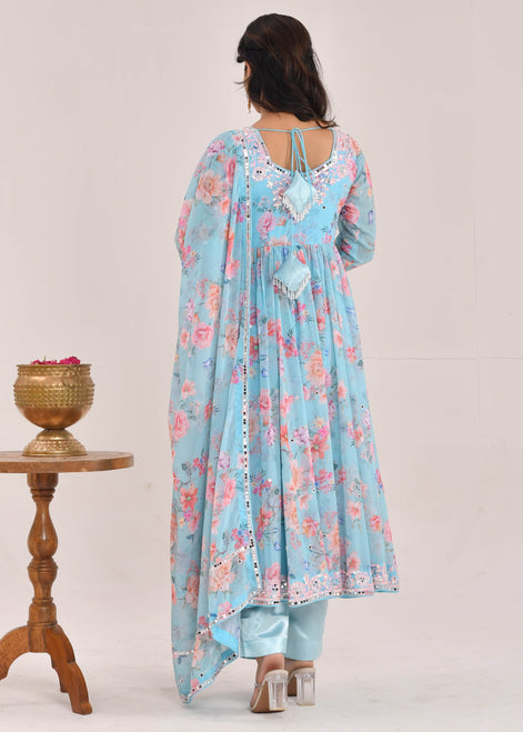 Sky Blue Floral Printed Hand-Embroidered Georgette Anarkali Suit