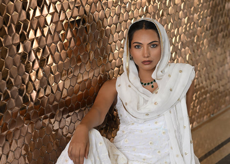 White and Gold Patterned Embroidered Sharara