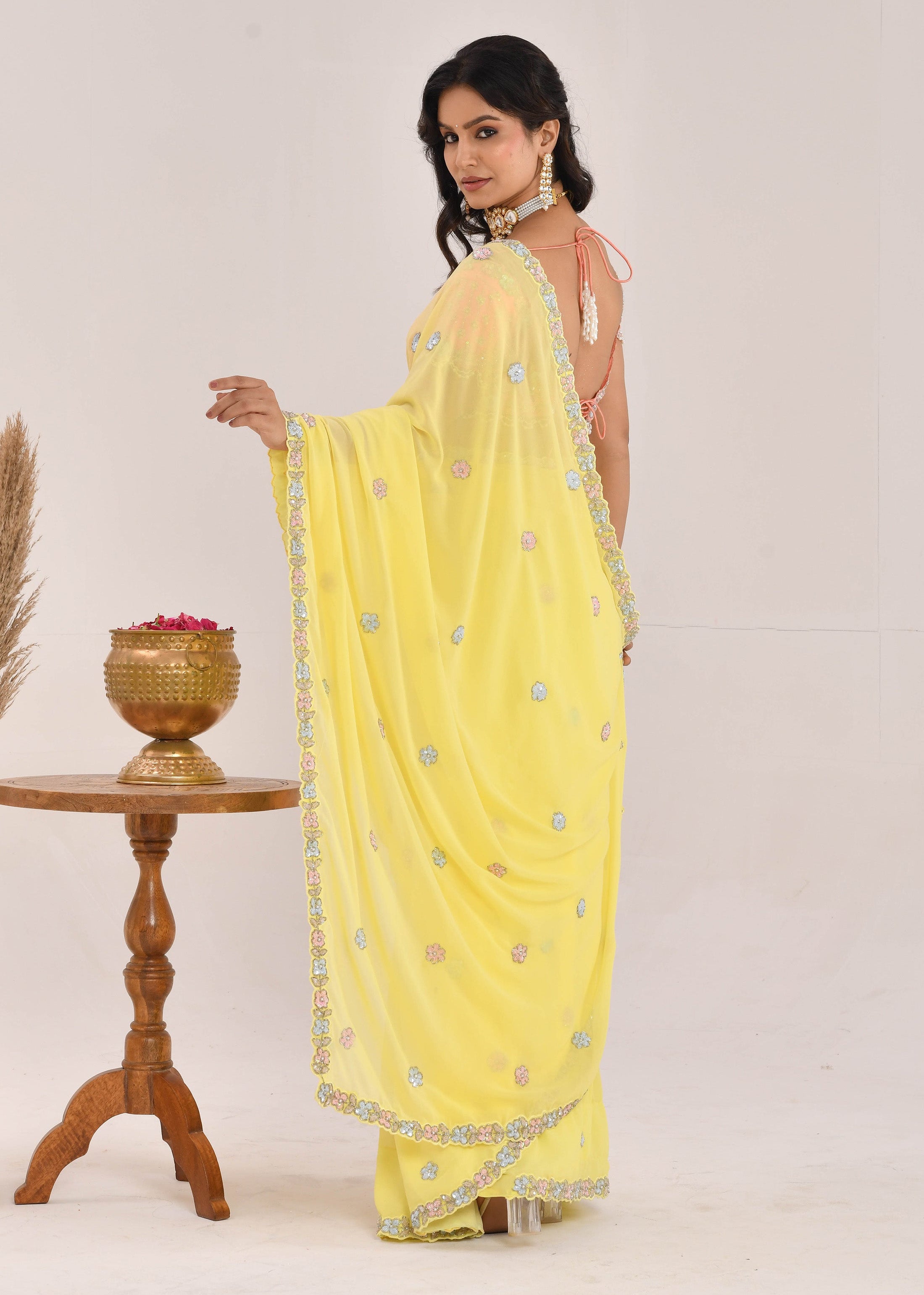 Yellow Hand-Embroidered Georgette Saree