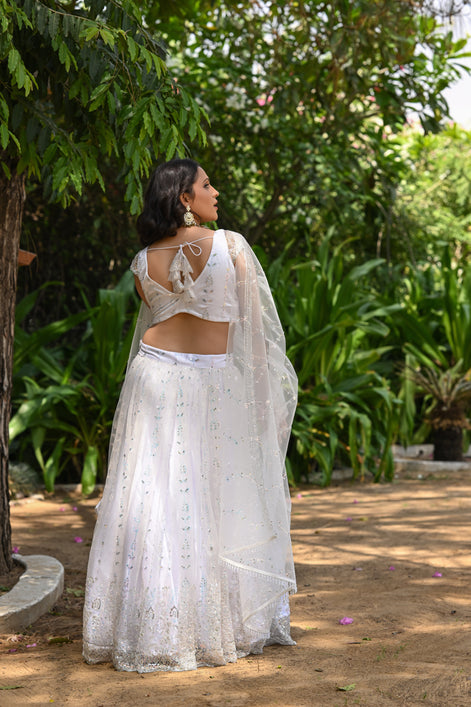 White Sparkle Embroidered Net Lehenga