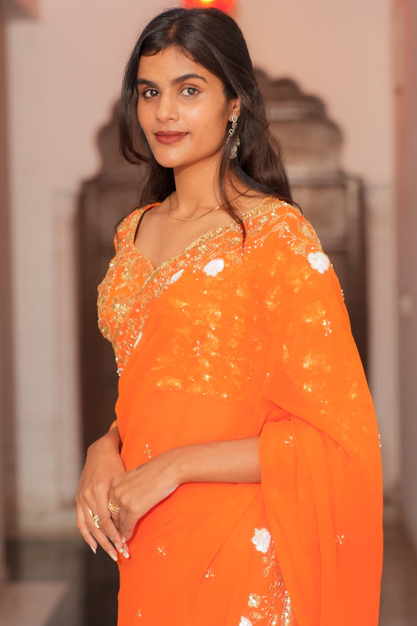 Orange Hand Embroidery Georgette Saree