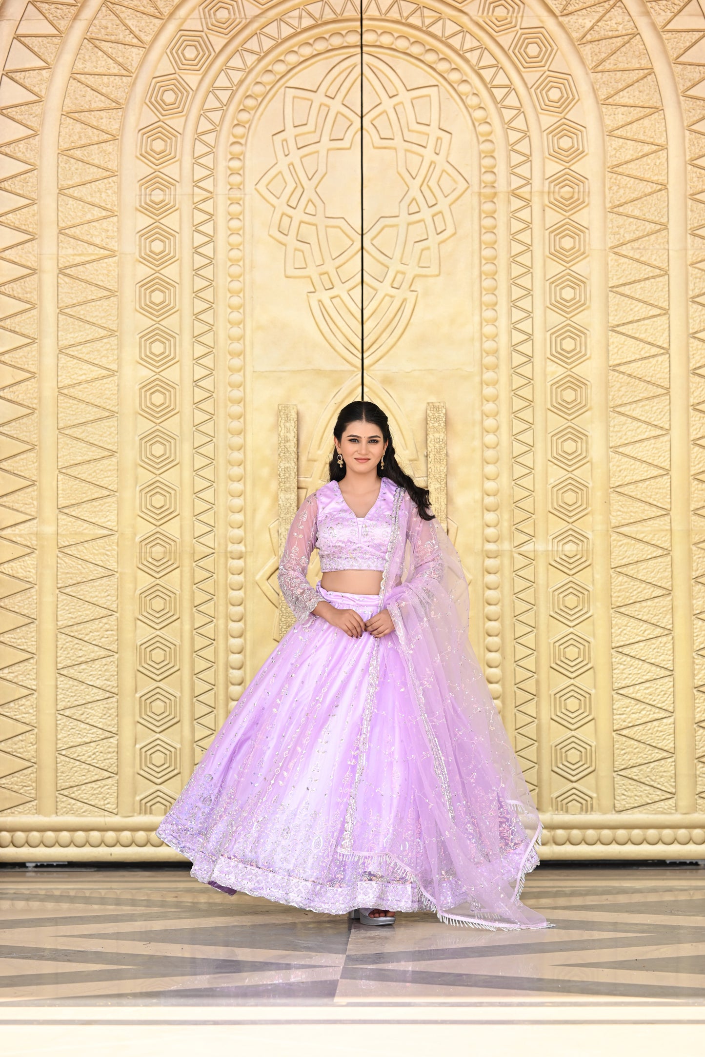 Lavender Pink Sparkle Embroidered Net Lehenga