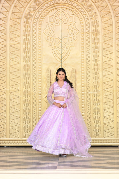 Lavender Pink Sparkle Embroidered Net Lehenga