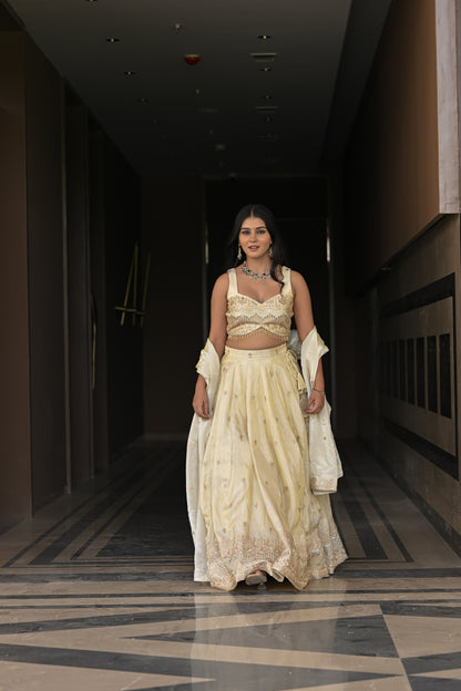 Off-White and Beige Embroidered Silk Lehenga