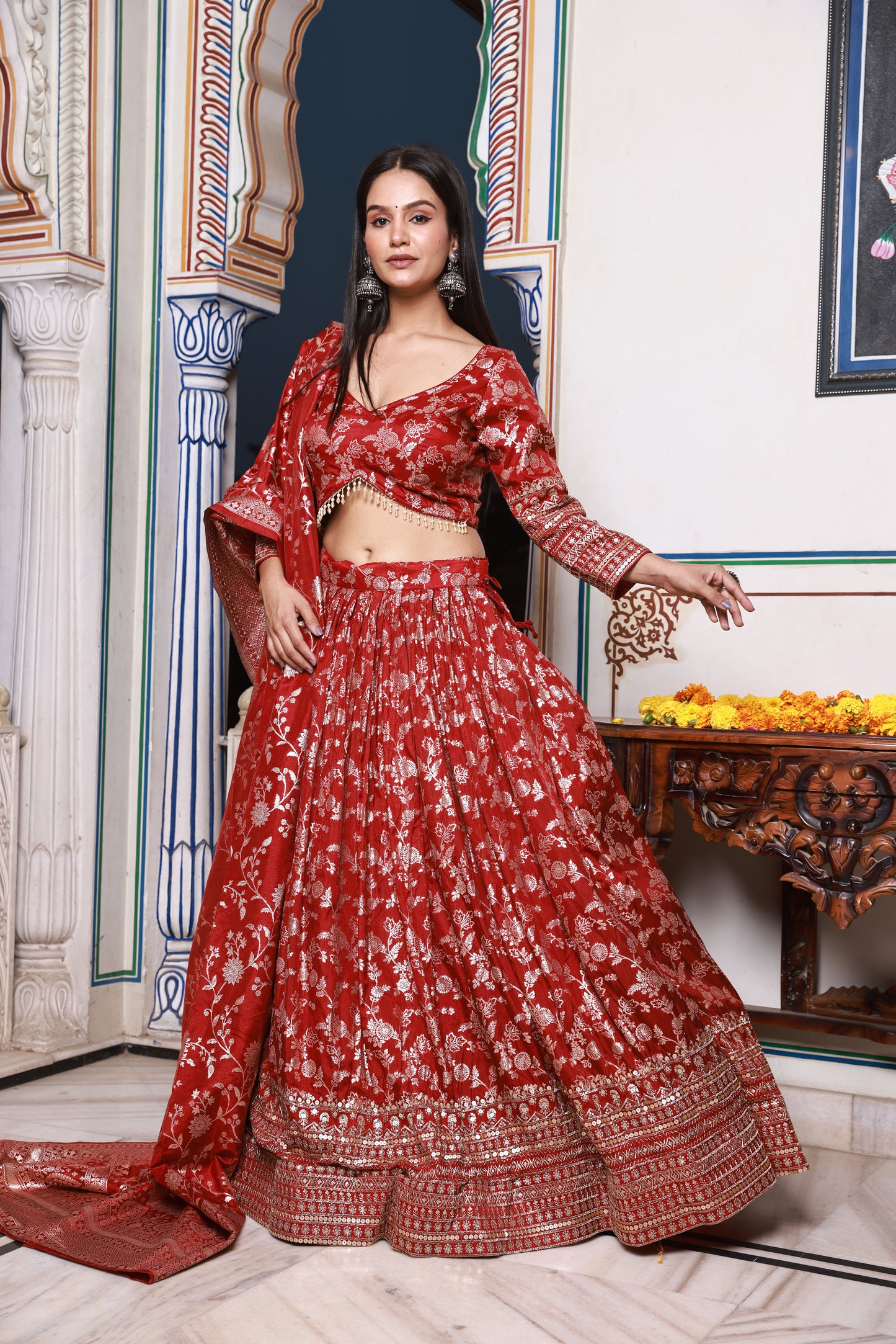 Deep Red Embroidered Silk Lehenga