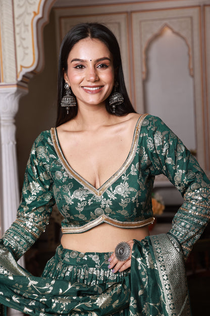 Dark Green Embroidered Silk Lehenga