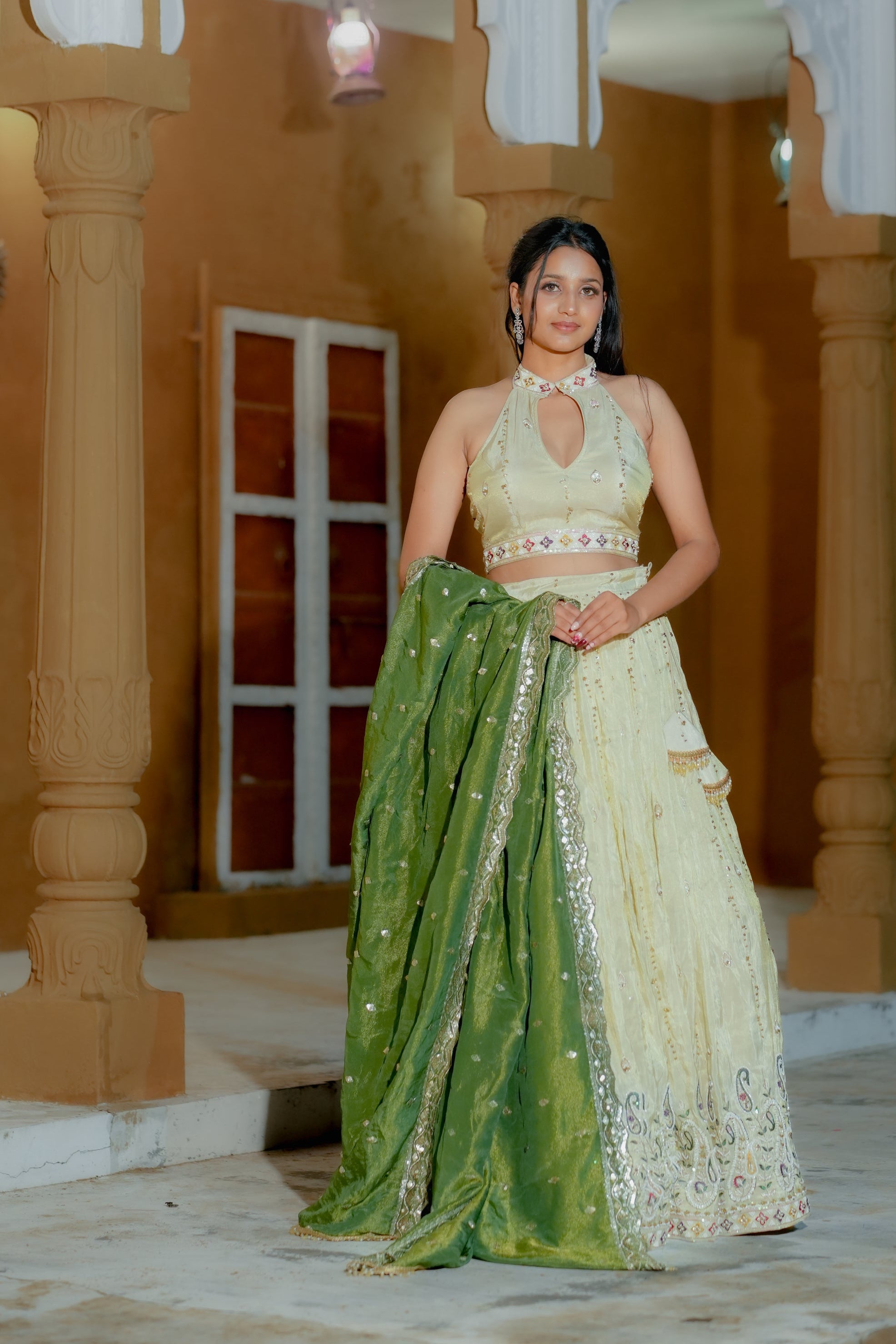 Cream Silk Handwork Lehenga