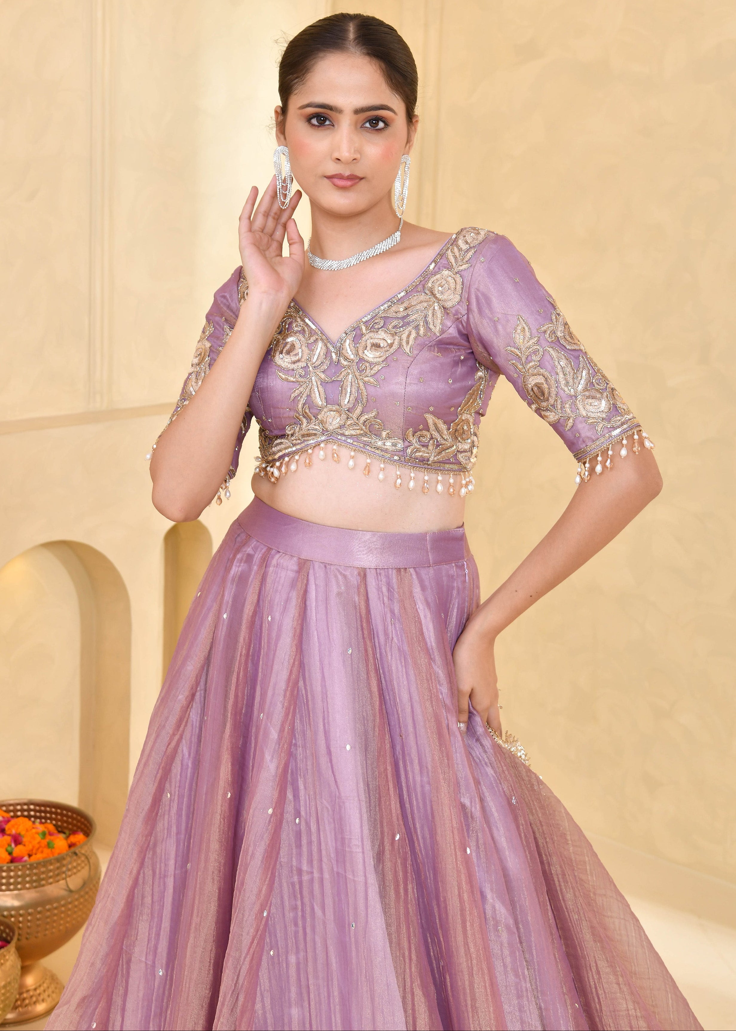 Mauve Purple Hand-Embroidered Tissue Lehenga
