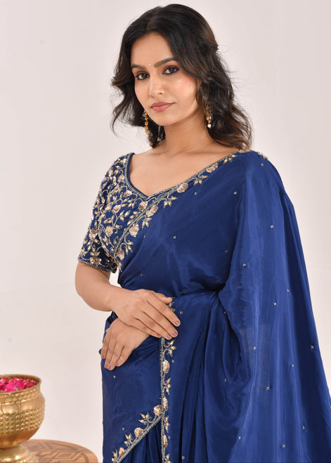 Dark Blue Hand-Embroidered Silk Saree