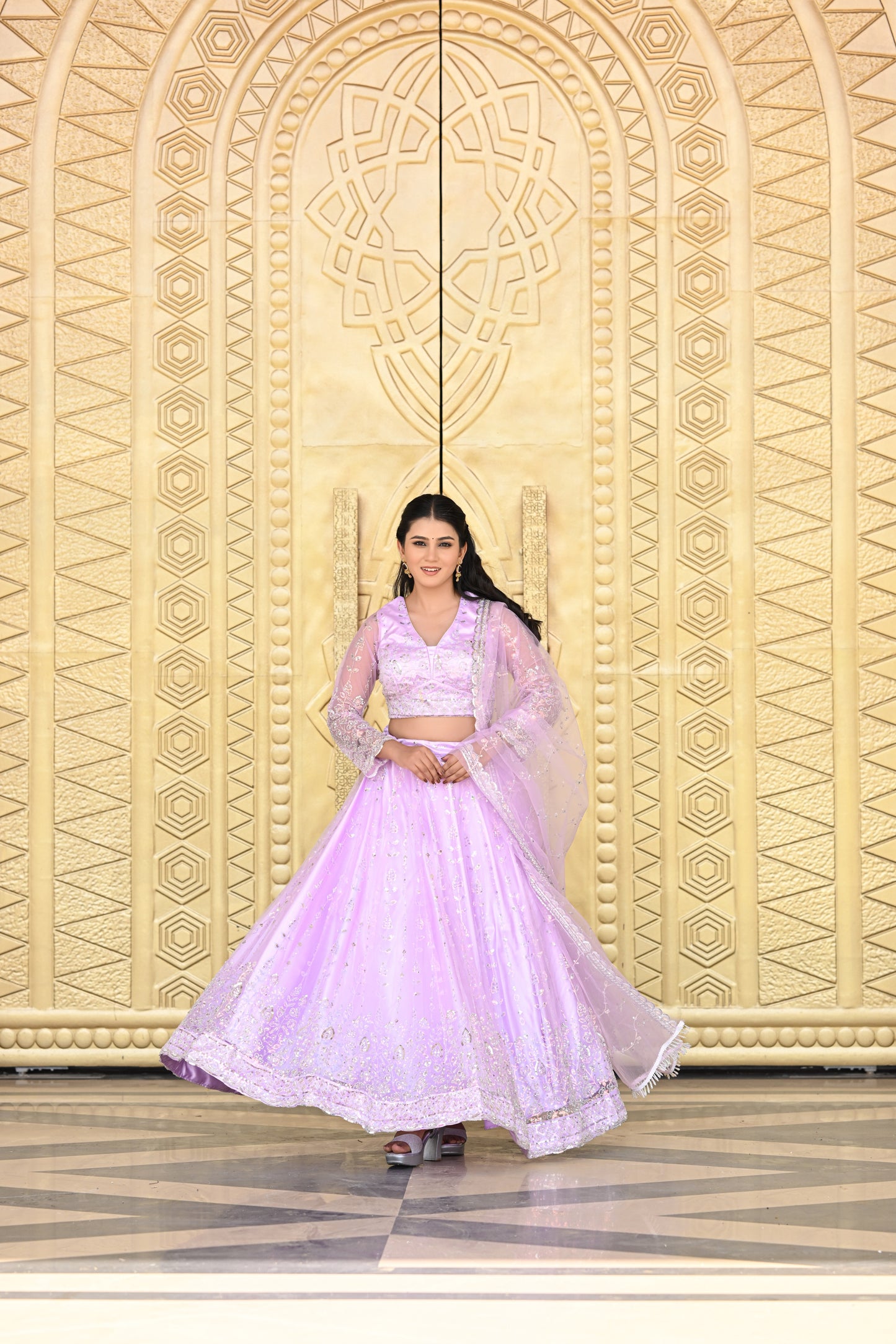 Lavender Pink Sparkle Embroidered Net Lehenga