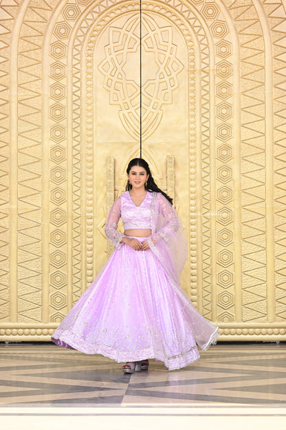 Lavender Pink Sparkle Embroidered Net Lehenga