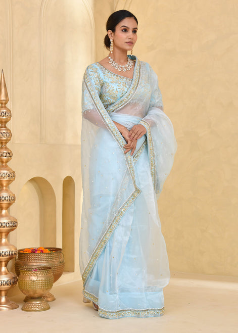 Sky Blue Hand-Embroidered Tissue Saree