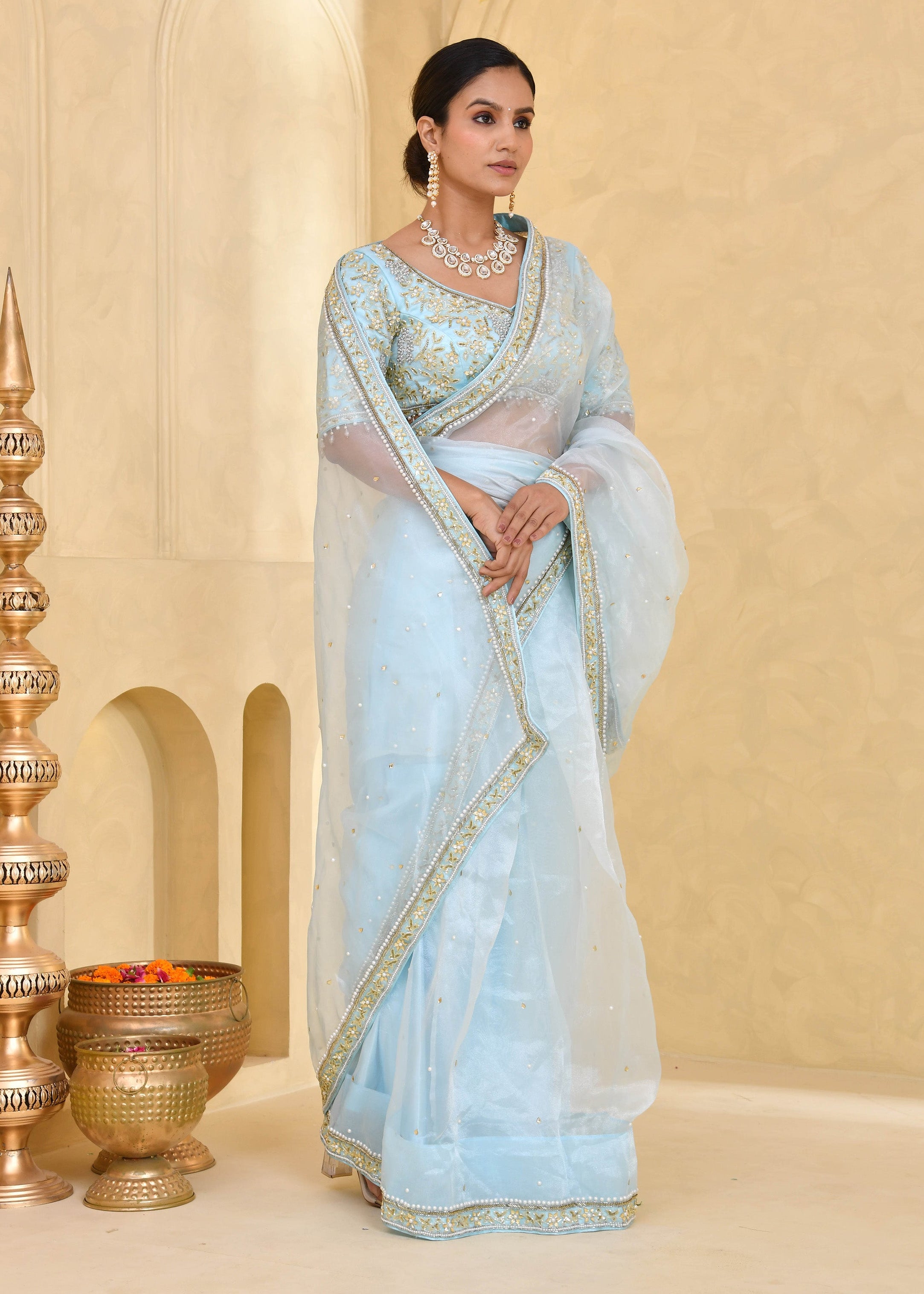 Sky Blue Hand-Embroidered Tissue Saree