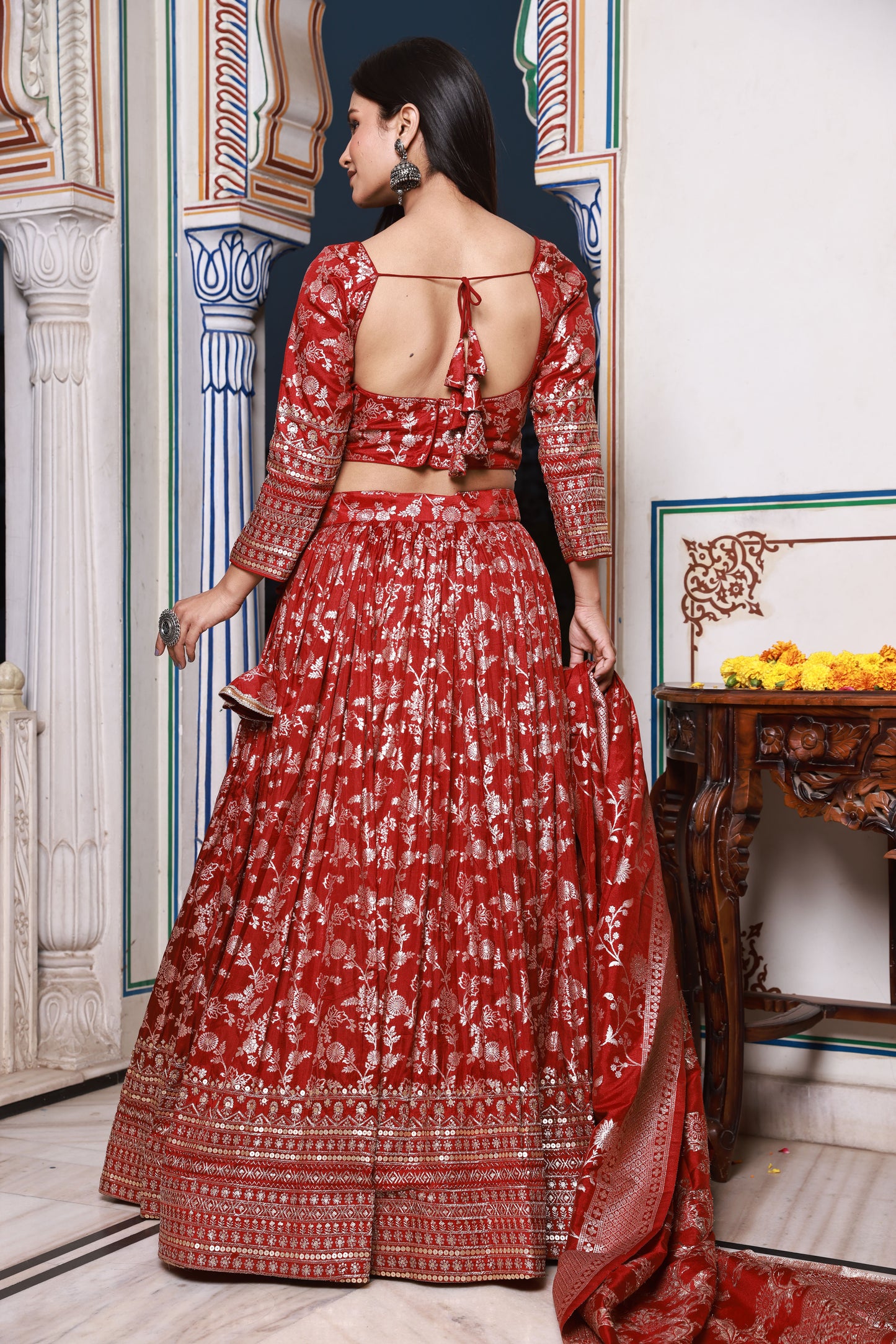 Deep Red Embroidered Silk Lehenga