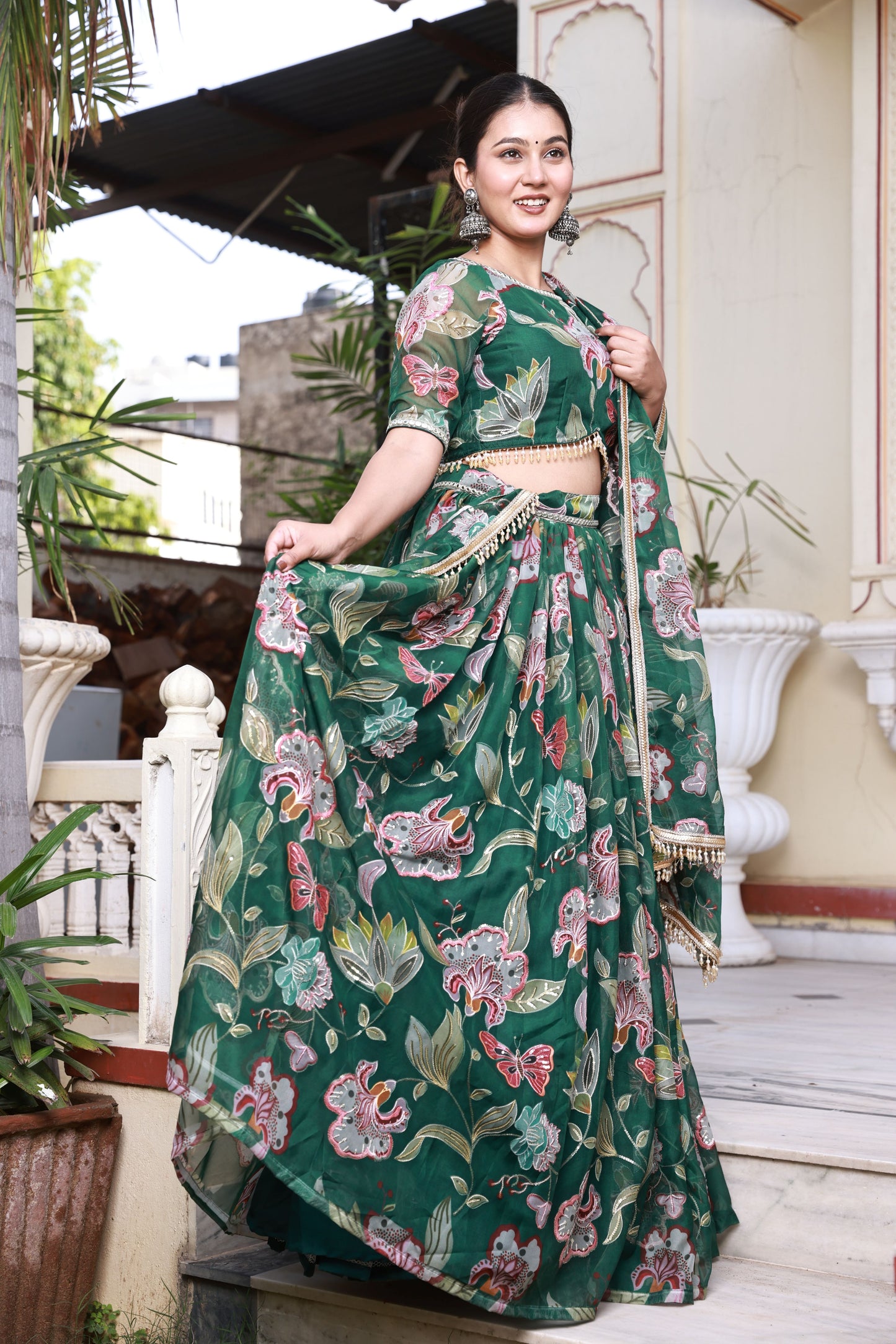 Emerald Green Floral Print Embroidered Organza Lehenga
