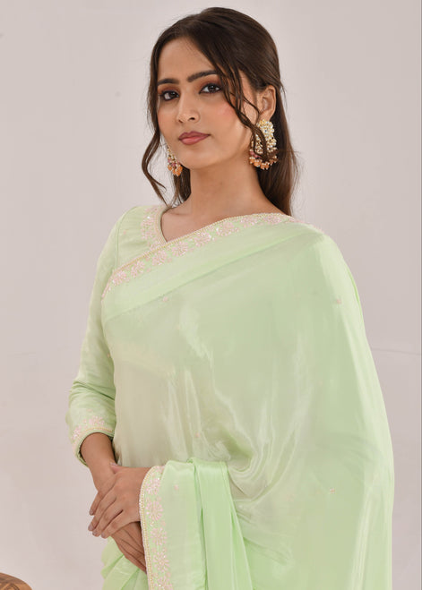 Mint Green Hand-Embroidered Georgette Saree