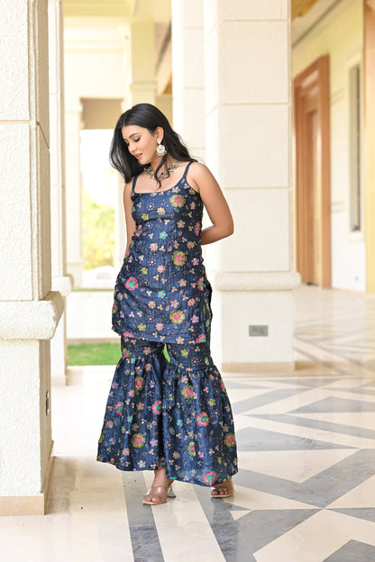 Navy Blue Multicolor Floral Embroidered Garara
