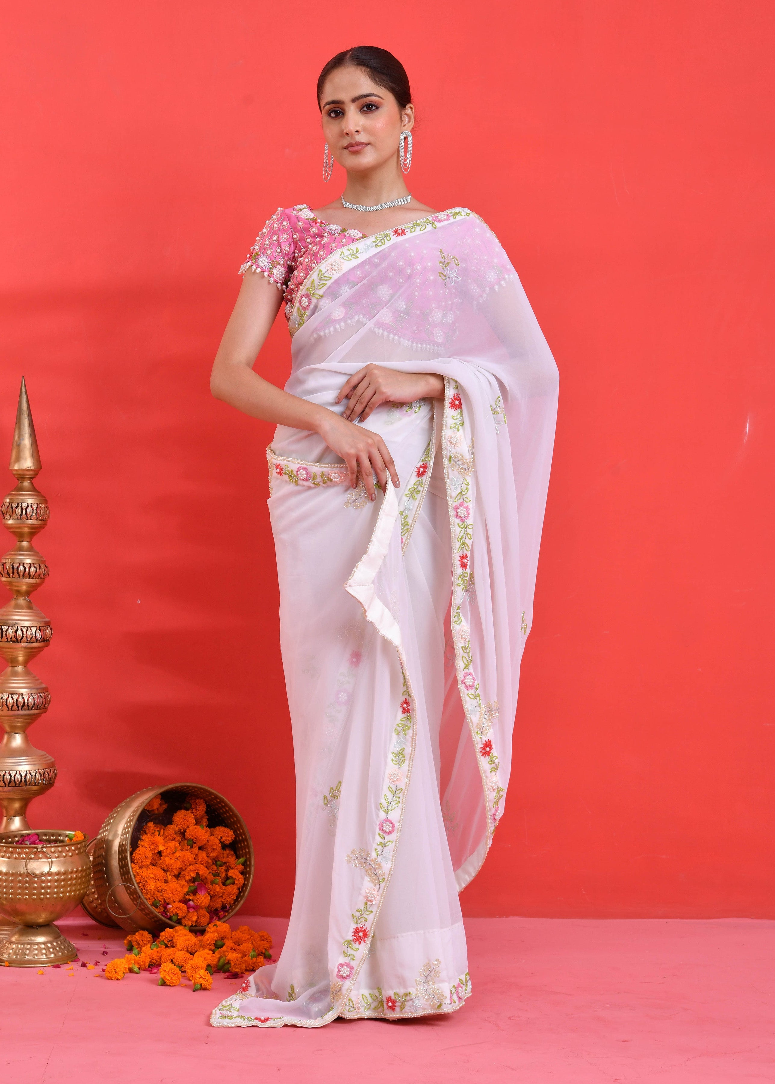 White Floral Hand-Embroidered Georgette Saree